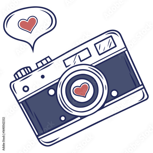Vintage camera with heart thought bubble isolated on white background
