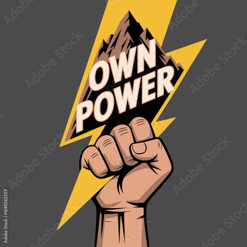 Empowering fist with lightning bolt graphic symbolizing strength and self-reliance inspiring personal power and achievement motivational concept vector