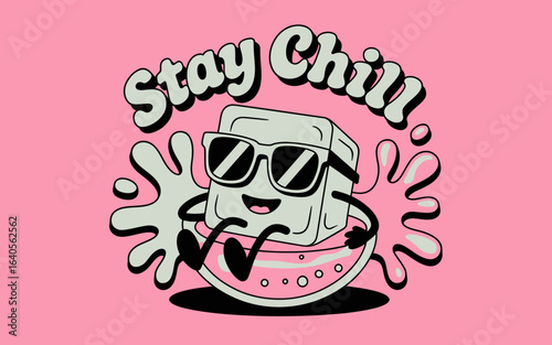 Retro style cartoon ice cube character with sunglasses and banana floaty relaxing on a pink background fun summer vibes vector