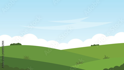 landscape cartoon background scene. green field and hills with blue sky 