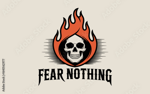Bold skull burning bright in fiery flames embodies the spirit of fearlessness and determination with inspiring text message vector