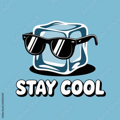 Refreshing ice cube wearing sunglasses text stay cool isolated graphic element for summer coolness and relaxation vector