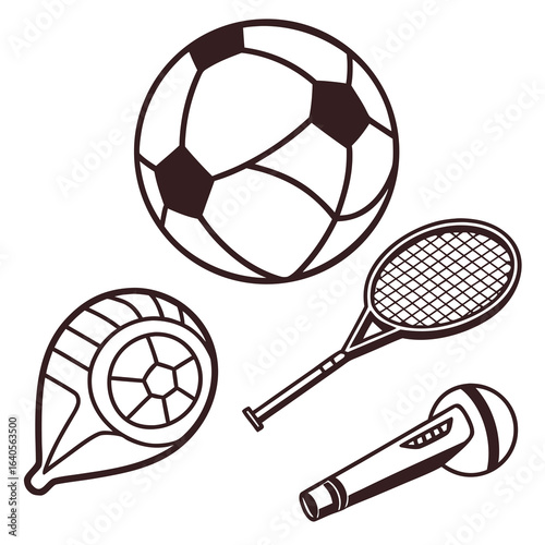 Various sports equipment including a soccer ball, tennis racket, and microphone isolated on white background