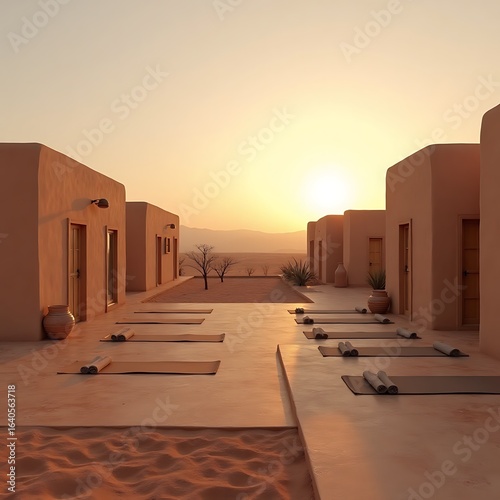 Peaceful wellness retreat in the desert with yoga mats ready for a sunrise session among adobe architecture.