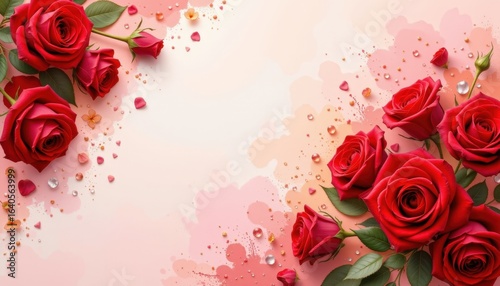 A breathtaking position that captures the essence of love and celebration, The artwork features a graceful arrangement of vibrant red roses, their velvety petals unfurling in full bloom