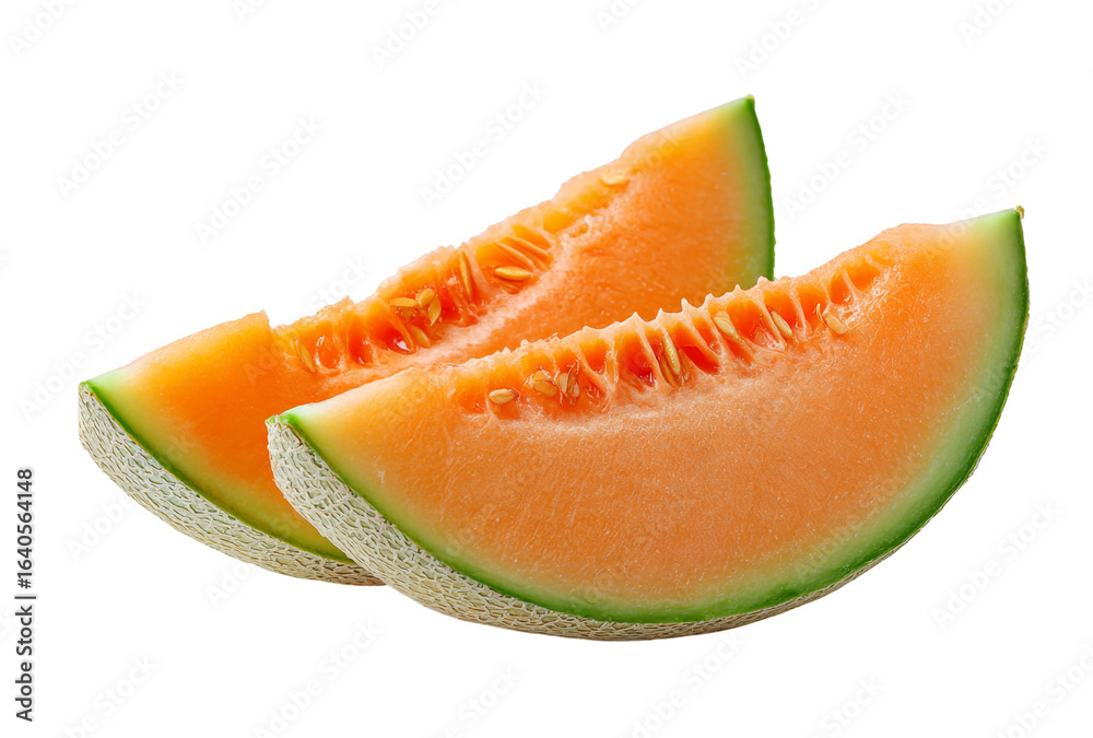 Two juicy slices of fresh cantaloupe melon with seeds isolated on transparent background Two juicy slices of fresh cantaloupe melon with seeds isolated on transparent background