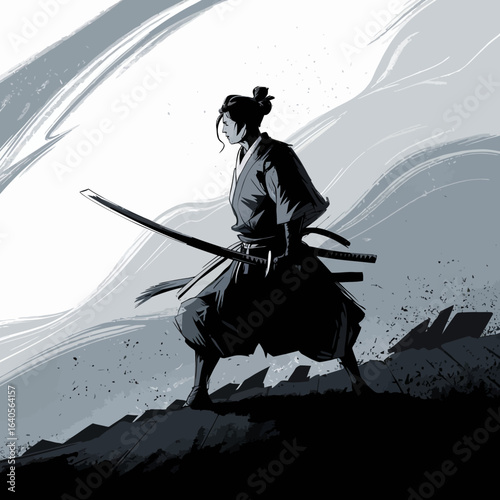 Japanese warrior samurai in traditional armor with katana sword prepared for battle scenic landscape art vector