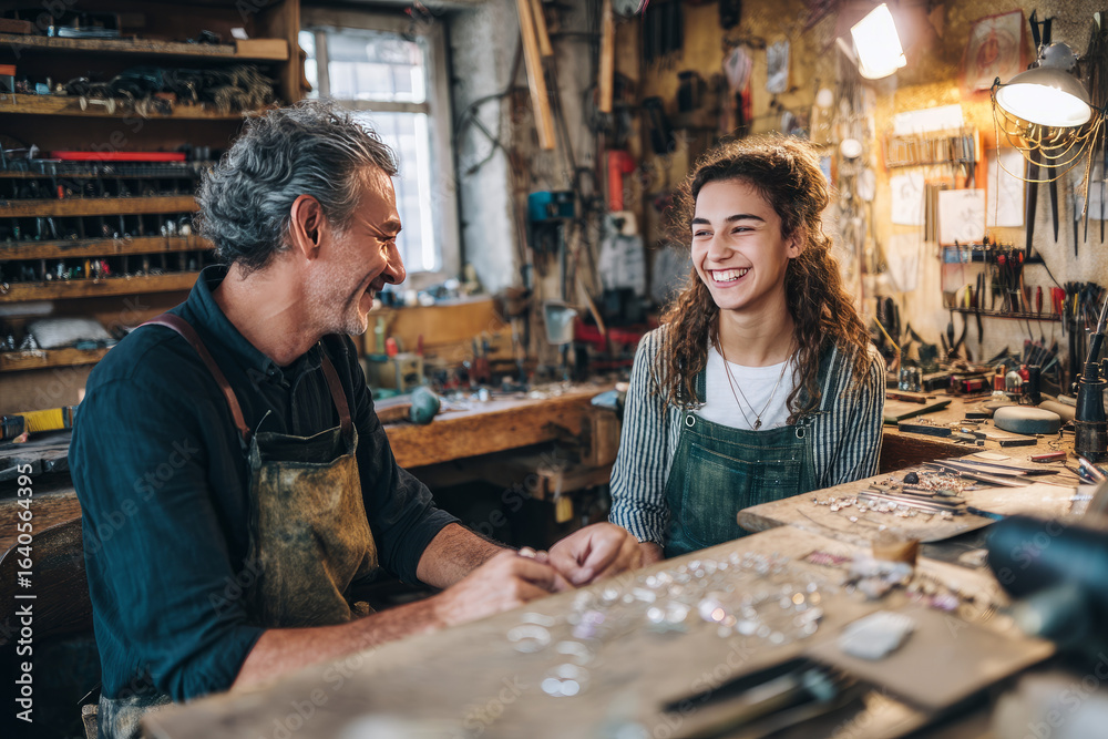 Fototapeta premium Morning in a community workshop with tools and materials A young craftsman is making jewelry and smiling at a customer