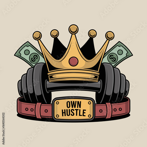 Golden crown symbolizing success and wealth resting on a weightlifting barbell with money bills and a belt emphasizing own hustle spirit vector