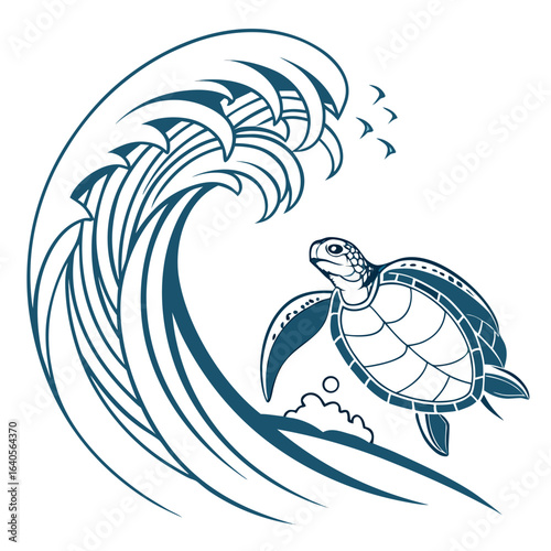 Illustration of a sea turtle swimming in a wave isolated on white background