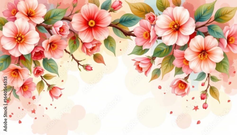 Obraz premium A postcard design that radiates joy and warmth, featuring a cascade of vibrant watercolor camellia flowers in full bloom, their soft petals painted in shades of blush pink, coral