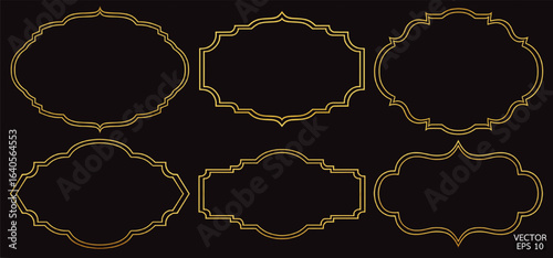 Simple golden geometric frames are isolated on black background. Luxury gold borders for invitations, luxury templates, and decorative patterns. Gold border design. 3D vector illustration.