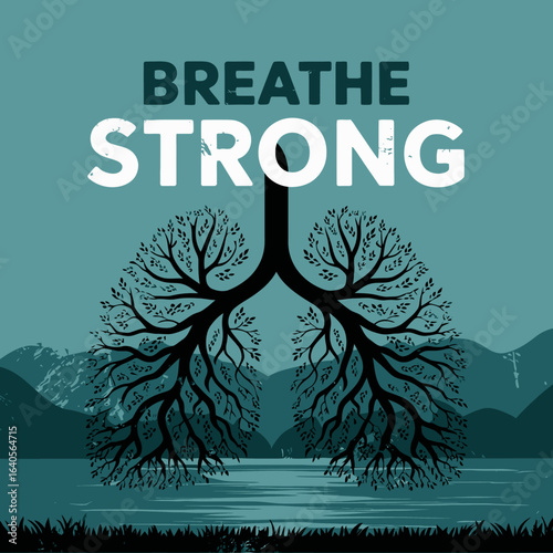 Conceptual graphic of lungs as a tree symbolizing respiration health resilience and strength against a scenic backdrop vector
