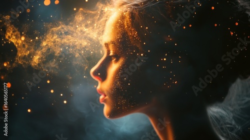 A woman's face is surrounded by glowing light and sparks. The concept of imagination, inspiration, and creativity.
