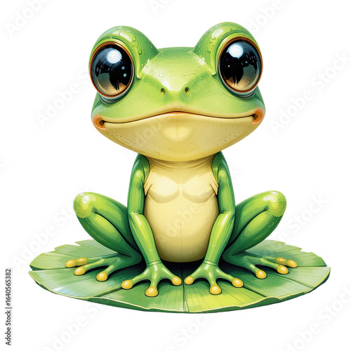 A cute green cartoon tree frog isolated on a white background with a leaf