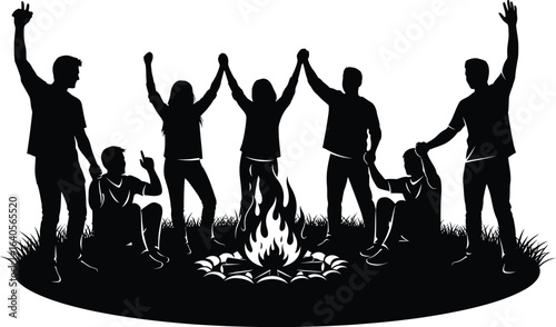 Silhouette of a group of friends gathered around a campfire, celebrating and enjoying their time together