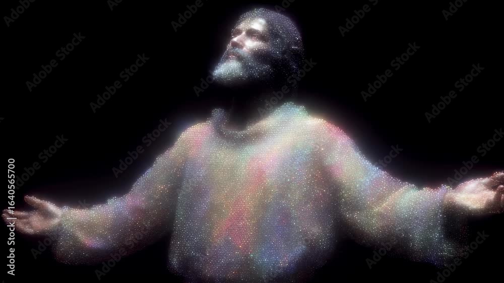 Man with beard in robe raising arms in dark video. Religious or spiritual figure with outstretched hands. Mysterious holy person or prophet concept. Low quality vintage footage.
