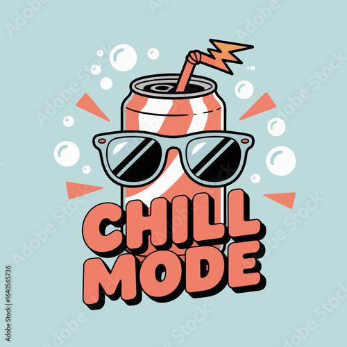 Cool soda can wearing sunglasses and straw with 'chill mode' text expressing relaxation and summer vibes vector