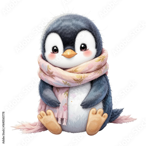 A fun cartoon illustration of cute penguins in winter clothes playing on a snowy blue ice floe