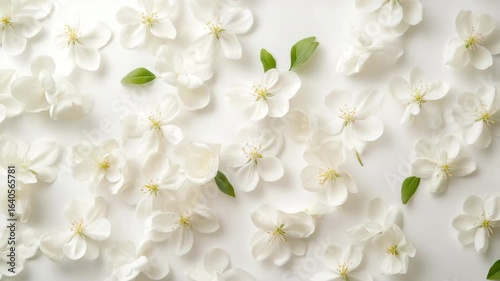 White flower petals and green leaves scattered on light surface create delicate floral pattern with soft natural beauty and fresh spring vibes showcasing peaceful nature and elegant leaf design