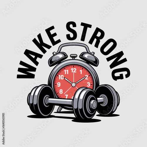 Wake strong motivational poster featuring vintage alarm clock and dumbbell for fitness enthusiasts and early risers vector