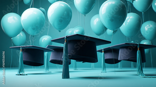 Graduation Caps Tassels Balloons Floating Joyful Ceremony Student Achievement Happy Event Academic Success Modern Festive Backdrop Tradition Milestone Education School Friendship Fun