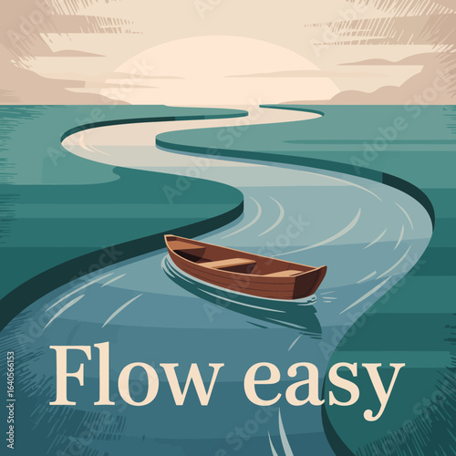 Serene boat glides gracefully down a winding river toward a tranquil horizon in this atmospheric artistic depiction of effortless travel and peaceful journeys. vector