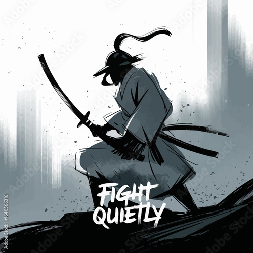 Dynamic ink brush style depicts a fierce samurai warrior in action ready to strike with katana swords amidst atmospheric hues and a call to fight quietly vector