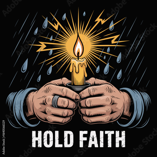 Hands holding burning candle in rain symbolizing hope faith and resilience against adversity artistic design vector