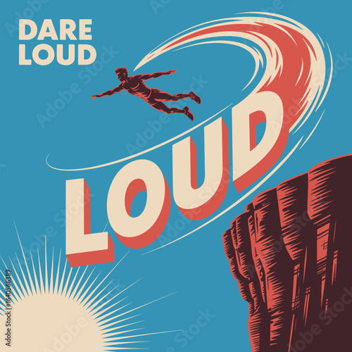 Retro ad poster dare loud action sports skydiving cliff jump excitement extreme sports vibrant colors dynamic motion vector