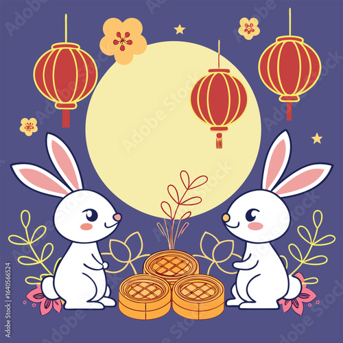 Two cute bunnies celebrate near dim sum and red lanterns under a full moon
