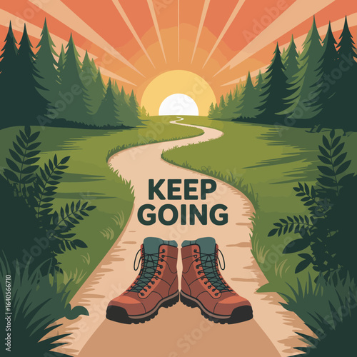 Inspirational motivational poster featuring hiking boots on a winding forest path under a vibrant sunrise promoting perseverance and encouraging quotes to keep going vector