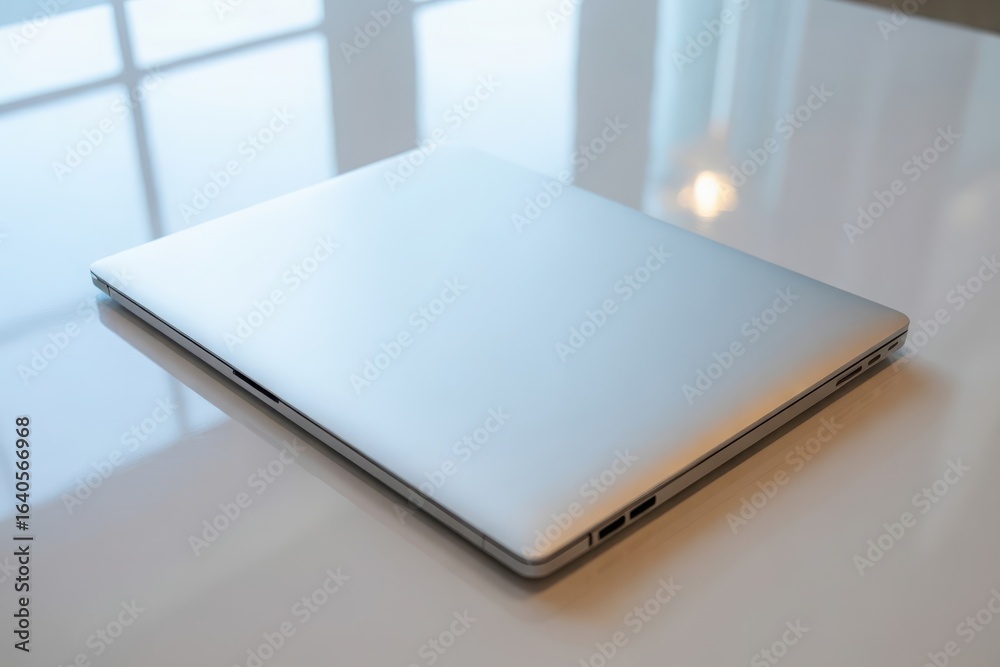 Sleek modern silver laptop closed on a clean white reflective surface with soft window light creating shadows and highlights Sleek modern silver laptop closed on a clean white reflective surface with soft window light creating shadows and highlights