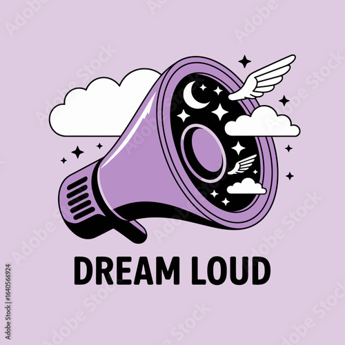Dream loud megaphone with celestial sky and clouds graphic art for inspirational messaging and motivational designs vector