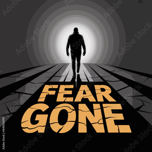 Overcoming fear shadowy figure walking towards light with fear gone text symbolic journey of courage and triumph over anxiety vector