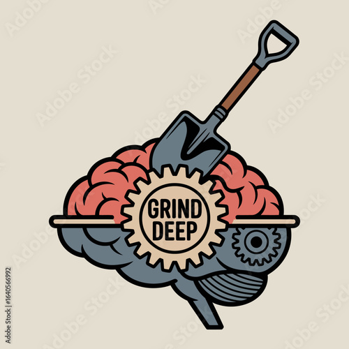 Conceptual art depicting a brain with a shovel and gears symbolizing deep work and mental effort in a flat design style vector