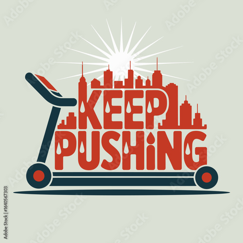 Inspirational treadmill running machine with city skyline and 'keep pushing' text in a vibrant red and orange design vector