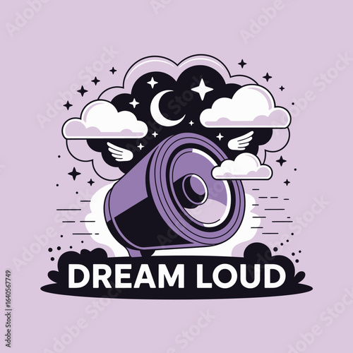 Dream loud speaker cloud night sky with moon stars and music concept art graphic design element for audio promotion and sonic expression vector
