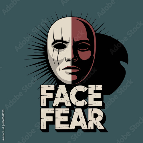Symbolic face mask splitting in half revealing inner emotion fear concept art for design and marketing vector