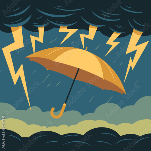 Bright yellow umbrella defying a dramatic thunderstorm with lightning strikes and rain showers overhead vector