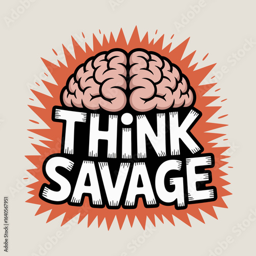 Think savage brain explosion concept - primitive mindset creative idea fierce intelligence power impact strong thinking raw uncivilized power vector