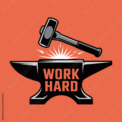 Work hard metaphorical concept featuring a hammer striking an anvil with sparks flying representing industry and effort vector