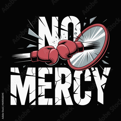 Boxing gloves knock out text 'no mercy' dynamic impact typography sports fight aggression power fitness training motivation vector