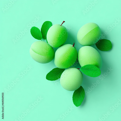 Green Plums Fresh Fruit Organic Texture Leaves Healthy Circular Spherical Bright Vibrant Nature Eco-Friendly Colorful Minimalism Stilllife Summer Wellness Vegan Botanical Background Simple Smooth