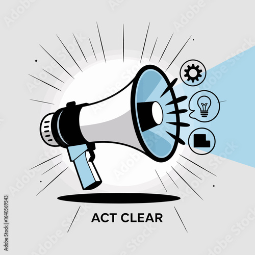 Flat design graphic illustrating a megaphone announcing ideas and information with rays of light and symbols for innovation and business growth vector