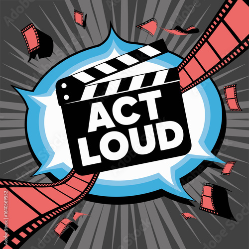 Dynamic comic style movie production scene with clapperboard and film reel elements expressing excitement and action vector