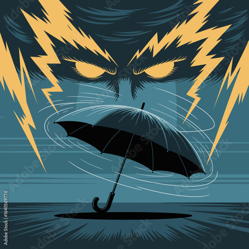 Dramatic stormy sky with lightning bolts and silhouette of an opened umbrella in the foreground protecting against the fury of nature vector