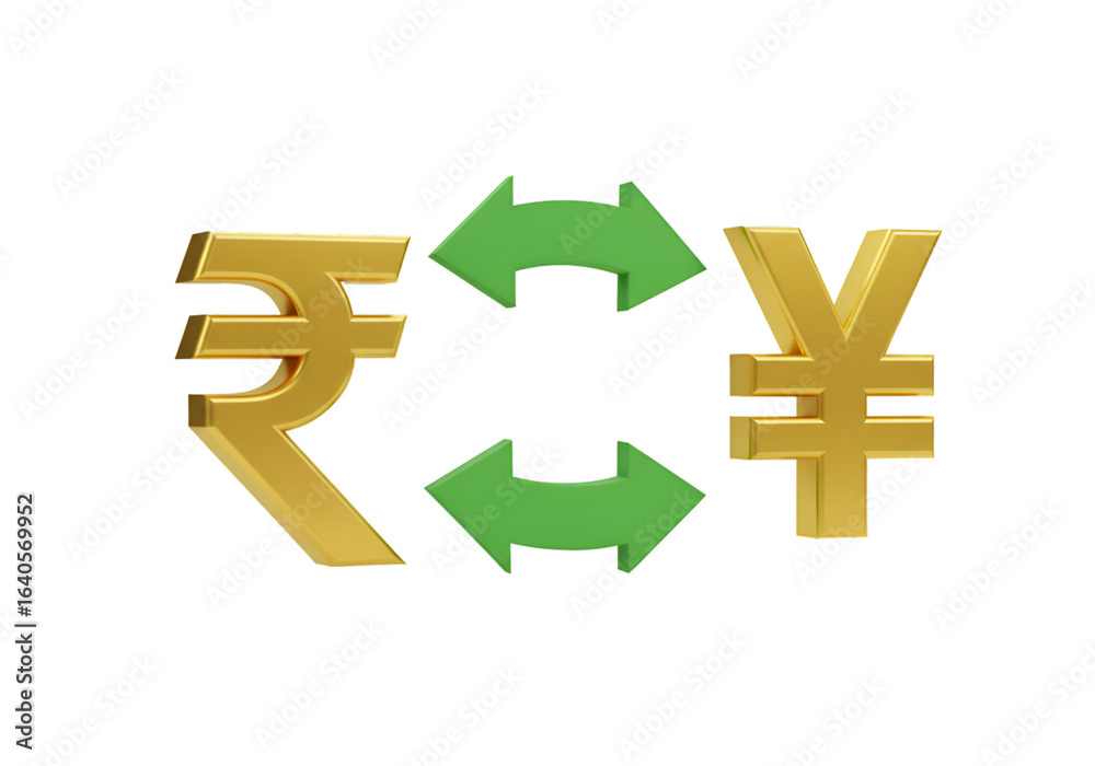 Fototapeta premium 3D Render Of Golden Rupee And Yen Currency Symbols With Green Exchange Arrows Isolated on Black Background
