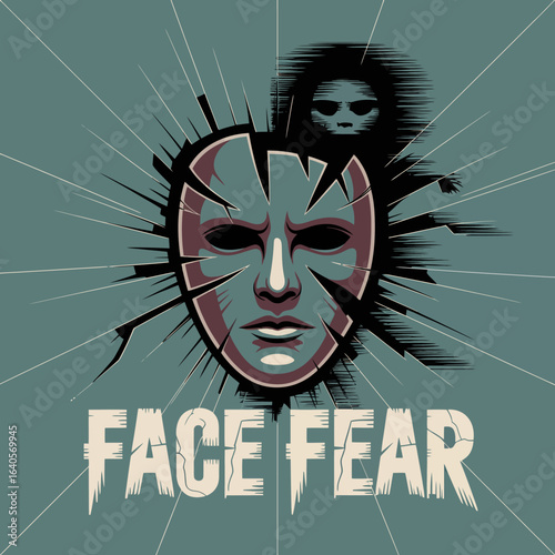Intense horror face mask graphic with shattered elements and shadow figure representing fear and inner demons psychological thriller concept vector