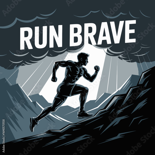 Motivational poster runner ascending mountain path courageously under dramatic sky inspiring strength and determination vector